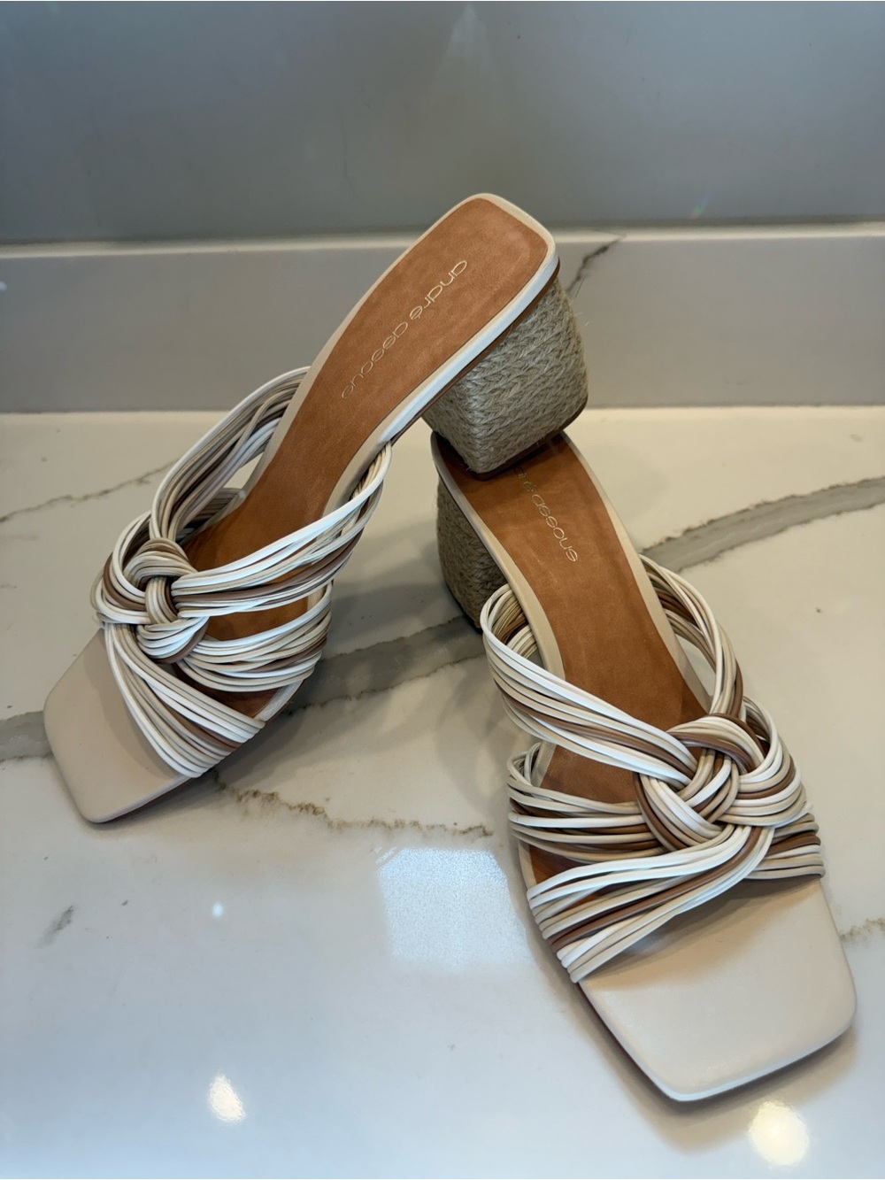 Andre Assous Kelsie Cream and Brown Knotted Jute Block Heel Slide Sandals NWB